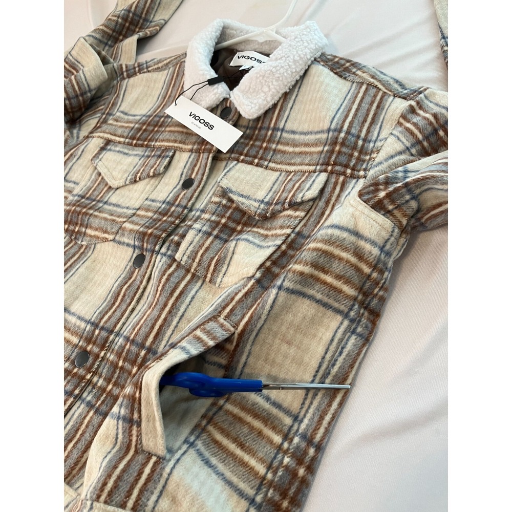 Vigoss‎ Brown Plaid Sherpa Trucker Jacket Women's Large Cropped Snap Front NWT - Picture 6 of 15